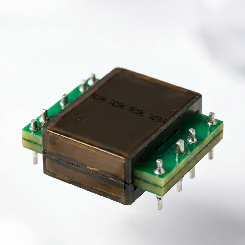An encapsulated planar transformer on stacked printed winding boards, with pin terminations and the core material marked