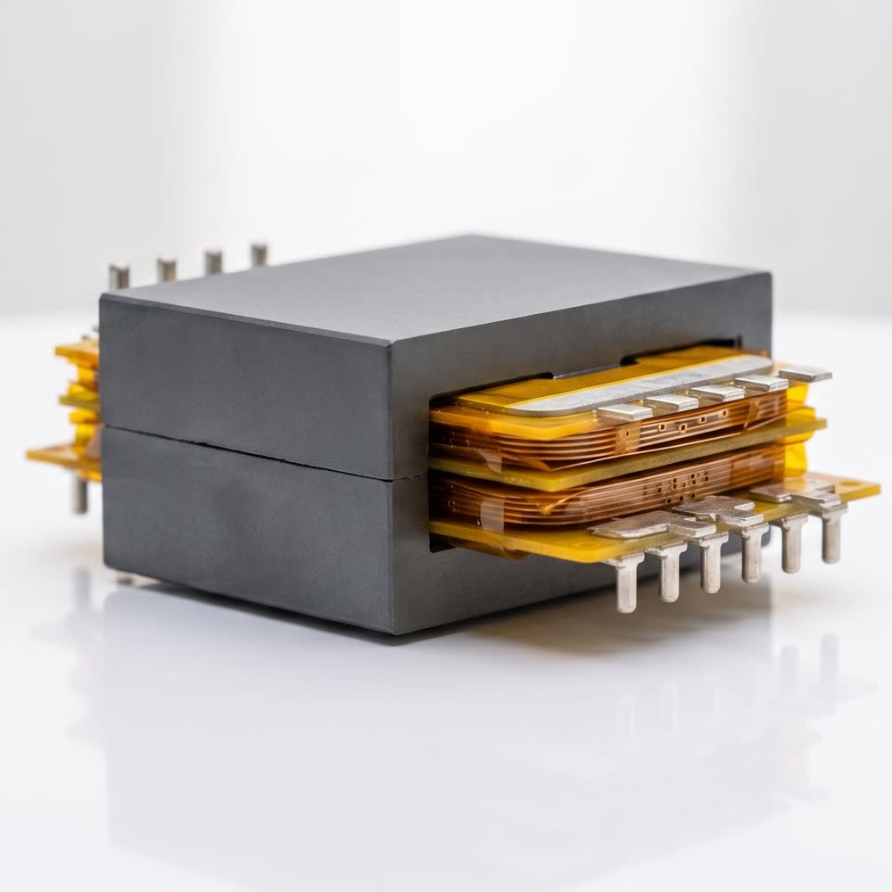 Planar core halves closed over a stack of printed winding boards