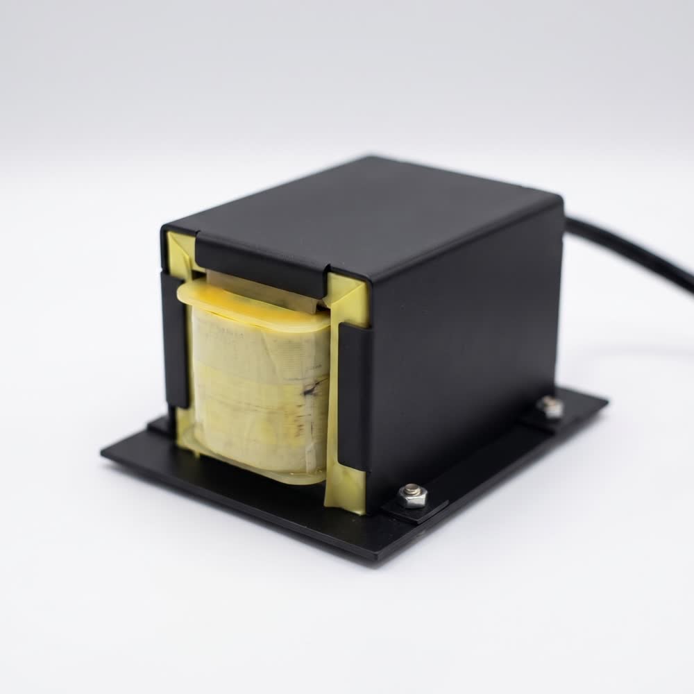 A transformer encapsulated in a case on a mounting plate