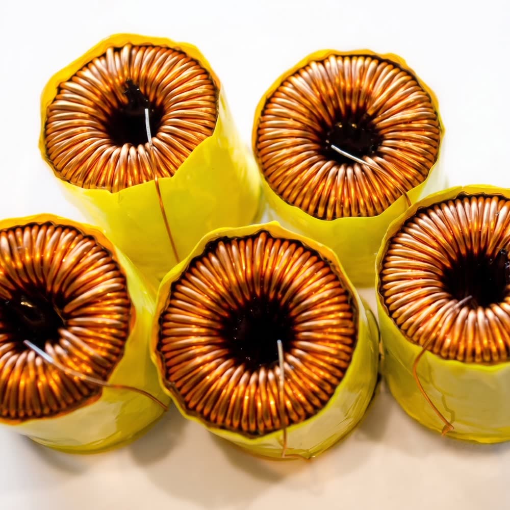 Five toroidal chokes wound in copper and taped in yellow
